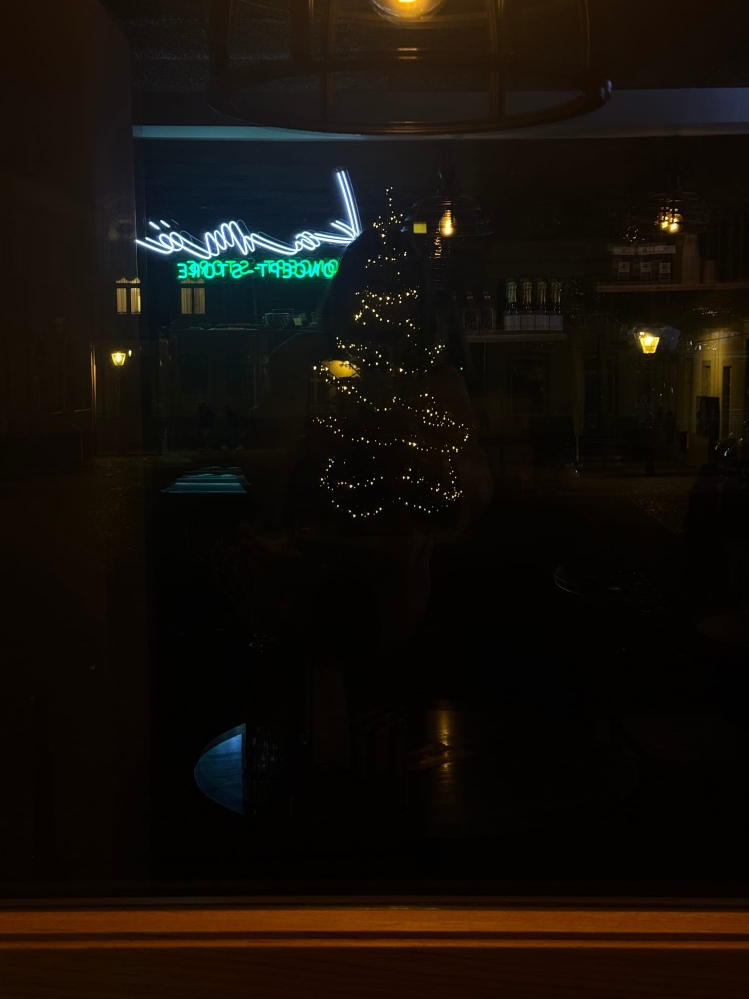 Abendliche Kamé Schaufensteransicht mit Neon und Weihnachtsbaum